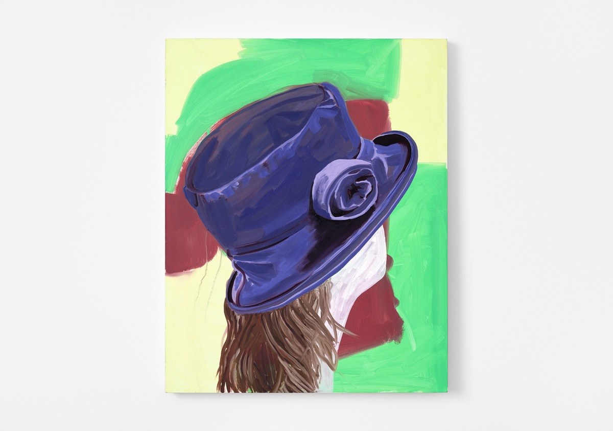 Painting of a woman seen from behind wearing a blue hat with a rose