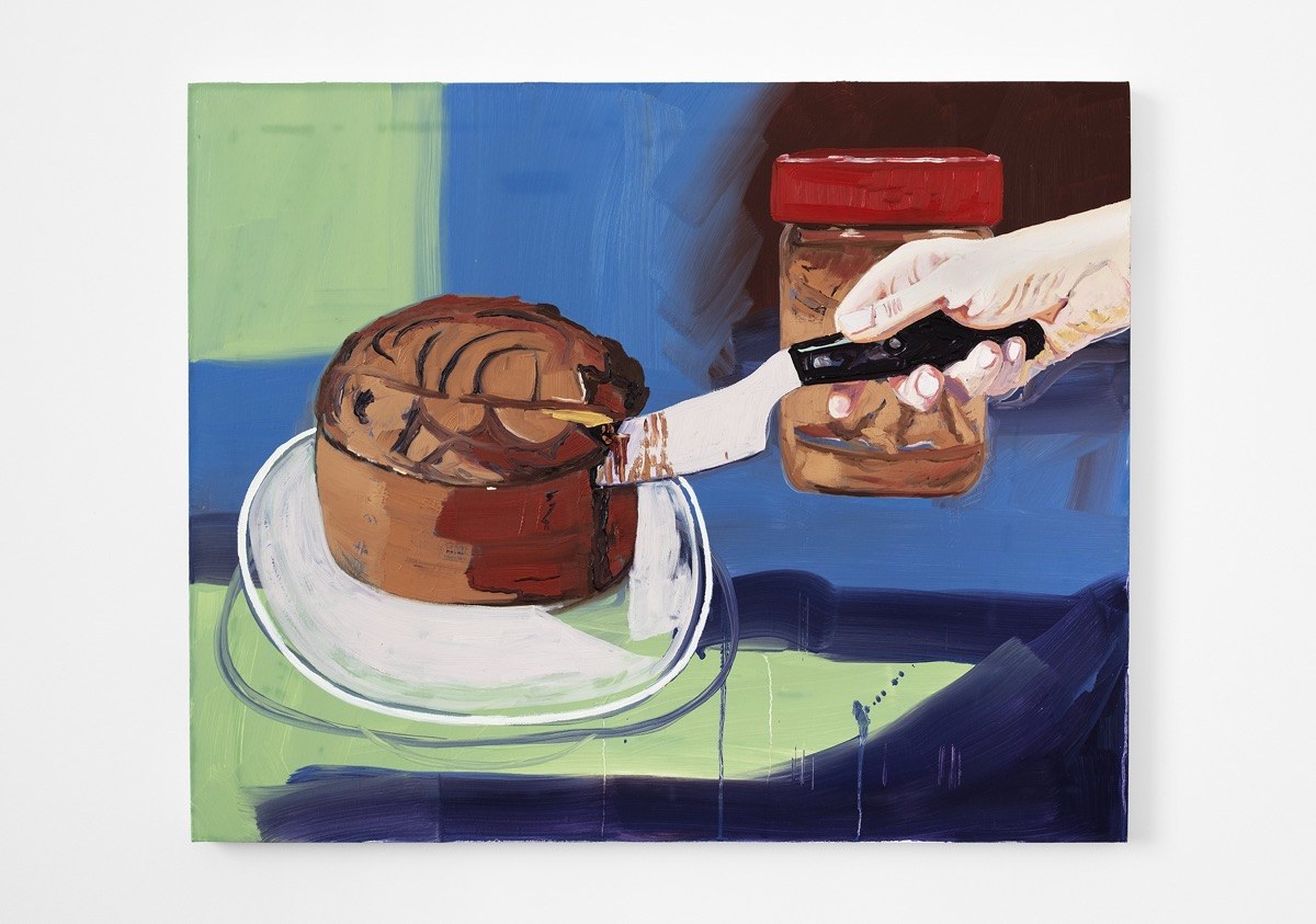 Painting of a hand icing a chocolate cake beside a jar of peanut butter