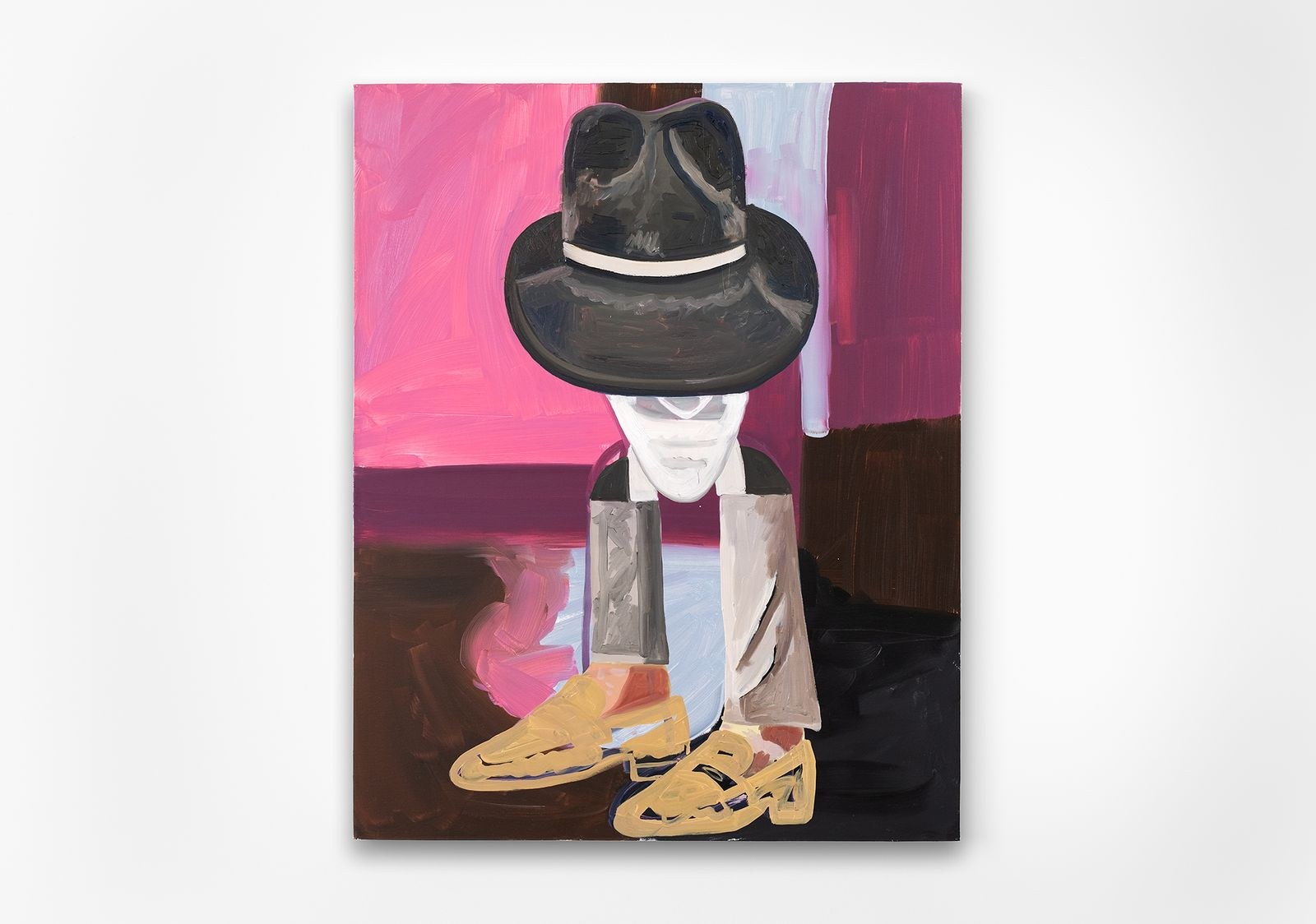 Painting of a black fedora and tan loafers against a pink interior