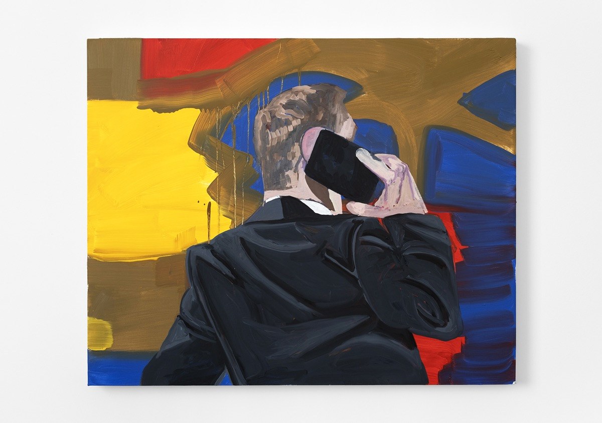 Painting of a man in a suit seen from behind holding a phone to his ear