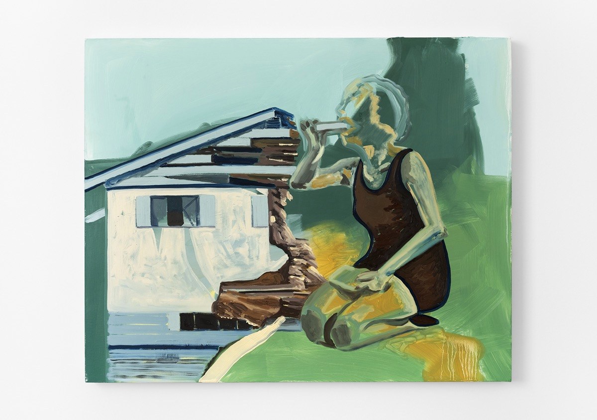 Painting of a woman in a swimsuit kneeling and drinking beside a house